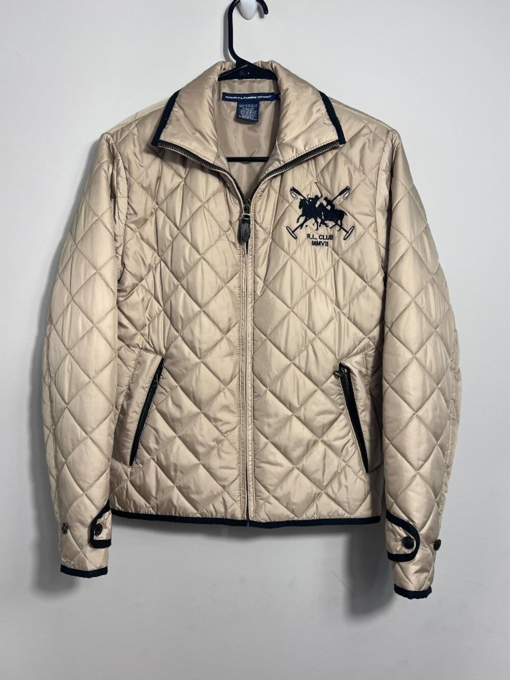 Polo Ralph Lauren Sport Quilted Full Zip Jacket Size S Womens Tan RL Club Logo